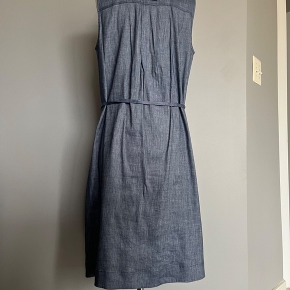 Lafayette 148 New York Blue Denim Pattern Rudy Linen Belted High Low Shift Dress - Picture 5 of 9